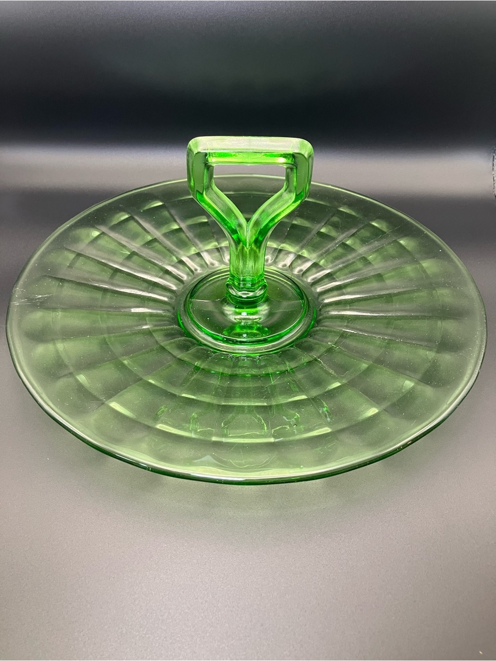 Vintage Green Depression Glass Serving Plate with Key Hole  Handle